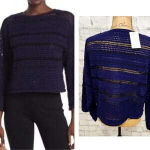 Ceny pointelle knit boat neck sweater Sz L crochet flare sleeve navy ACL